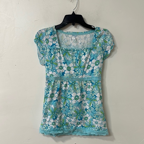 Justice Blue and Green Puff Sleeve Blouse - Picture 1 of 3